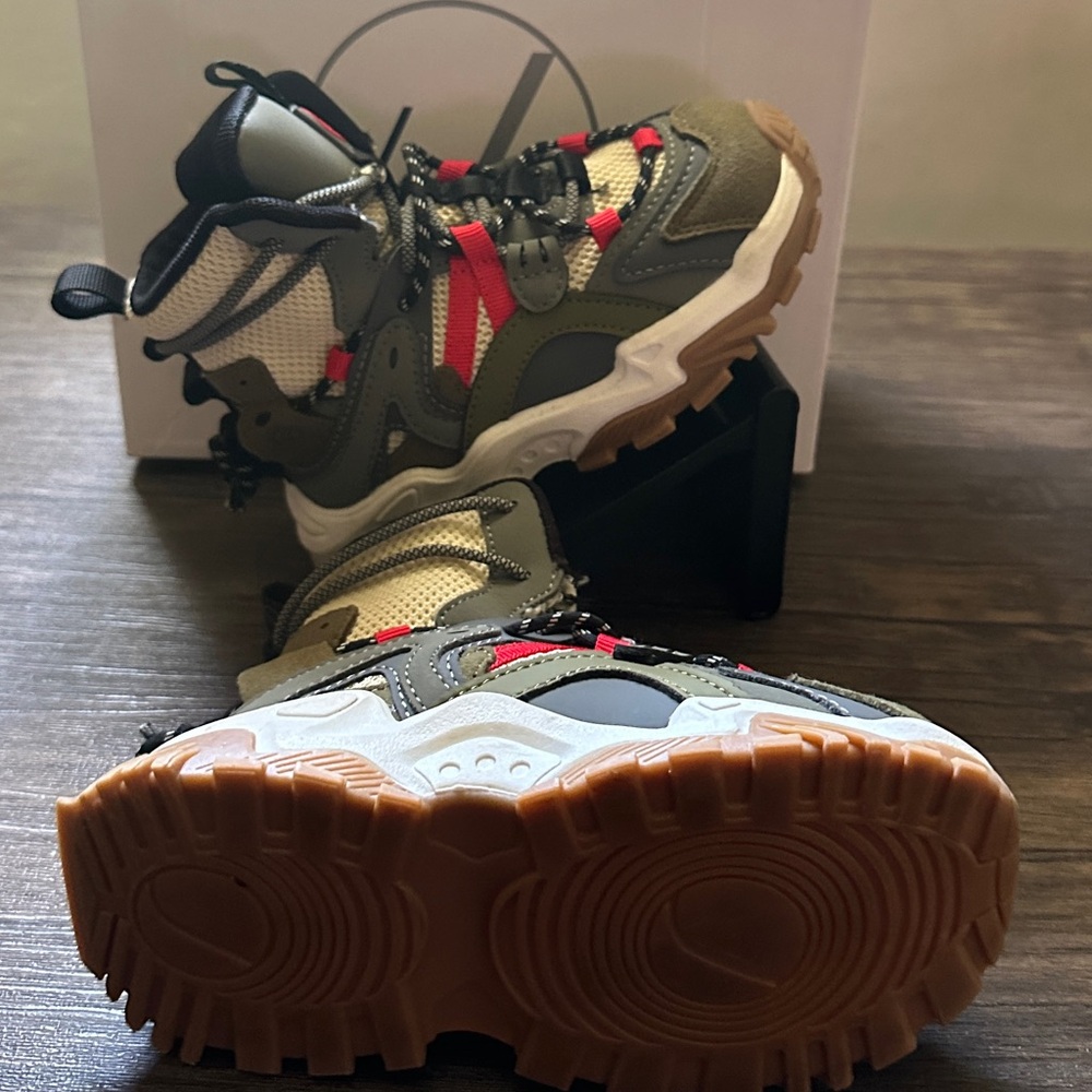 Stylish Kids Boots with Green, Red, and Brown Accents